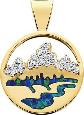 HP464; 14K Yellow Gold Large Teton Pendant w/Diamond Pave Mountains and Opal Inlay