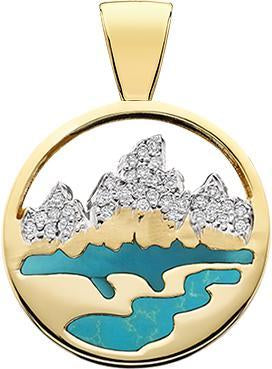 HP465; 14K Yellow Gold Large Teton Pendant w/Diamond Pave Mountains and Turquoise Inlay
