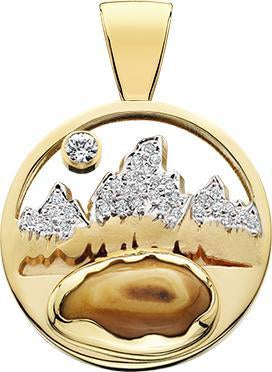 HP467; 14K Yellow Gold Large Teton Pendant w/Diamond Pave Mountains and Elk Ivory