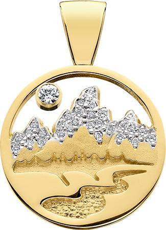 HP471;  14K Yellow Gold X-Large Teton Pendant w/Diamond Pave Mountains and Pierced Sky