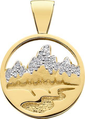 HP471;  14K Yellow Gold X-Large Teton Pendant w/Diamond Pave Mountains and Pierced Sky