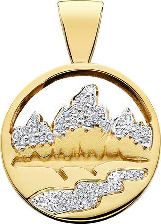 HP472; 14K Yellow Gold X-Large Teton Pendant w/Diamond Pave Mountains & River and a Pierced Sky