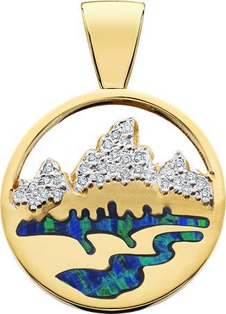 HP474; 14K Yellow Gold X-Large Teton Pendant w/Diamond Pave Mountains, Opal Inlay and Pierced Sky