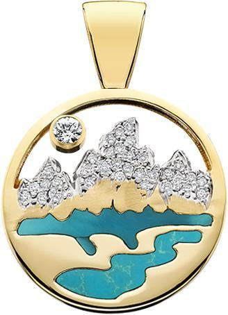 HP475;  14K Yellow Gold X-Large Teton Pendant w/Diamond Pave Mountains, Turquoise Inlay and Pierced Sky