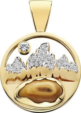 HP477; 14K Yellow Gold X-Large Teton Pendant w/Diamond Pave, Elk Ivory Bottom and Pierced Sky