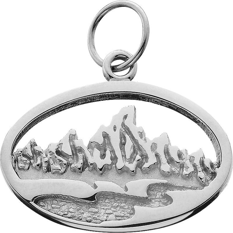 HP601; Silver Small Teton Oval Charm w/Textured Mountains and River