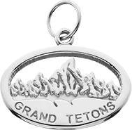 Small Silver 'Grand Tetons' Oval Charm w/Textured Mountains