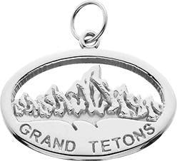 Large Silver 'Grand Tetons' Oval Charm w/Textured Mountains