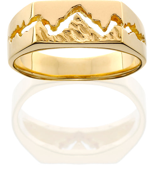HR003; Men's 14K Yellow Gold Teton Ring w/Textured Mountains
