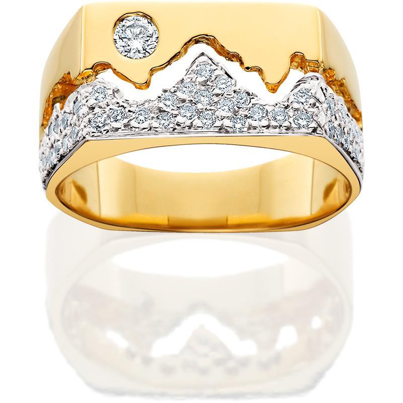 HR012; Men's 14K Yellow Gold Wide Teton Ring w/Diamond Pave Mountains