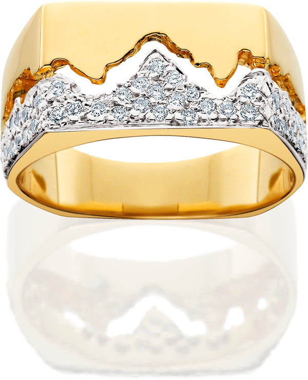 Men's 14K Yellow Gold Wide Teton Ring w/Diamond Pave Mountains
