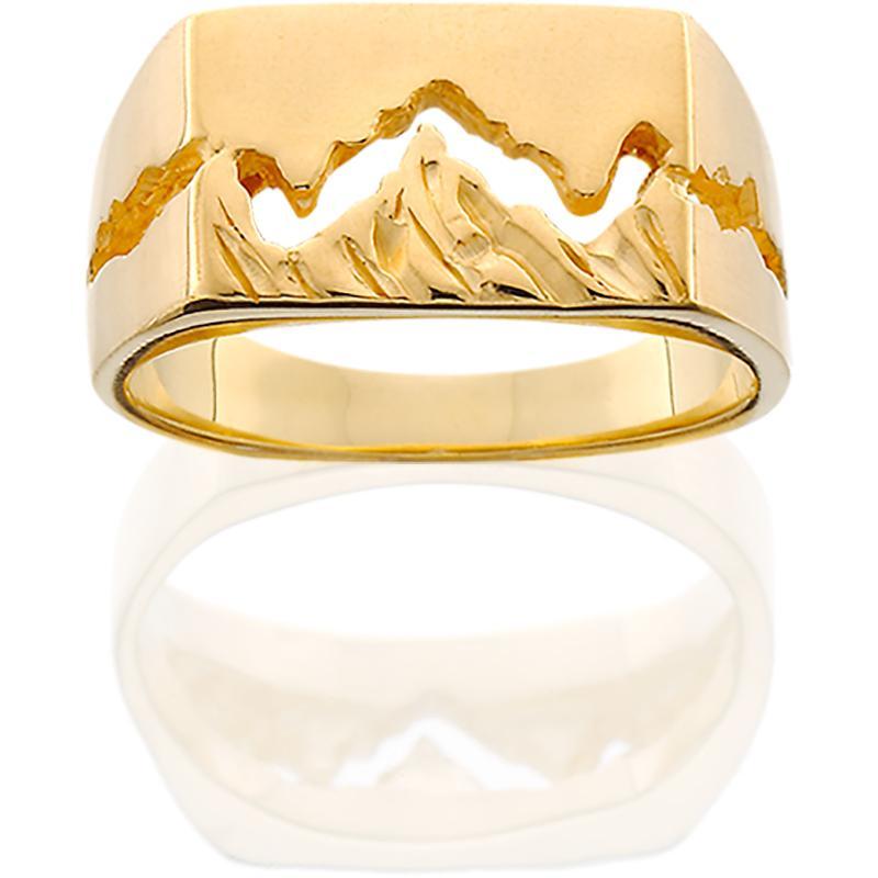 HR109; Women's 14K Yellow Gold Wide Teton Ring w/Textured Mountains