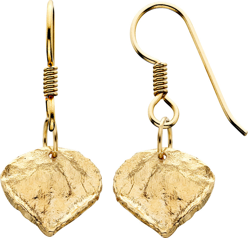 HE144; 14K Yellow Gold Medium Aspen Leaf Earrings, French Wires