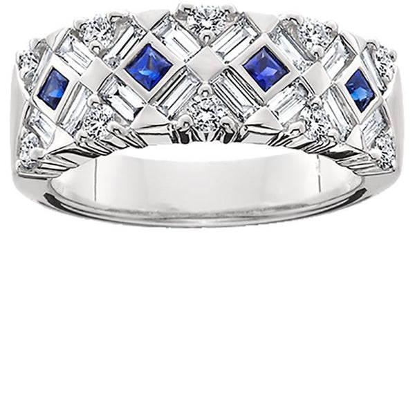 JB007; 18K White Gold Blue Sapphire and Diamond Crosshatch Ring