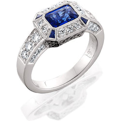 JB015; Blue Sapphire and Diamond Platinum Ring