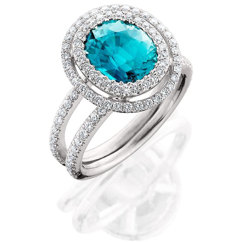 JM008; 18K White Gold Blue Zircon and Diamond Ring