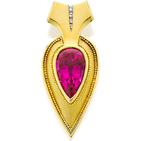 KRESPI0006; 18K Yellow Gold Pendant w/Pink Tourmaline and Diamonds