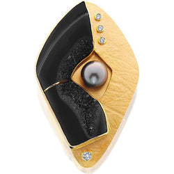 Druse Quartz Pendant/Pin with a Tahitian Black Pearl and Diamonds