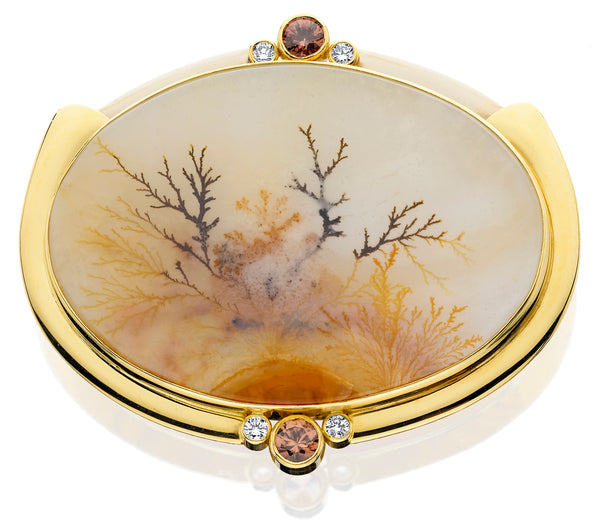 PM248; 14K Yellow Gold Dendrite Agate Pendant/Pin with Brown Zircon and Diamonds