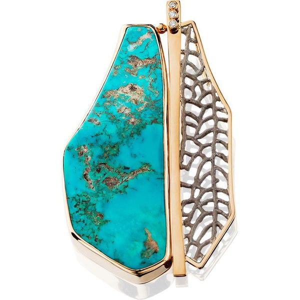 PM266; 14K Yellow Gold and Silver Turquoise Pendant w/Sand Coral and Diamonds