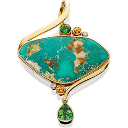 Turquoise, Brown Zircon, Peridot, Green Tourmaline and Diamond Pendant