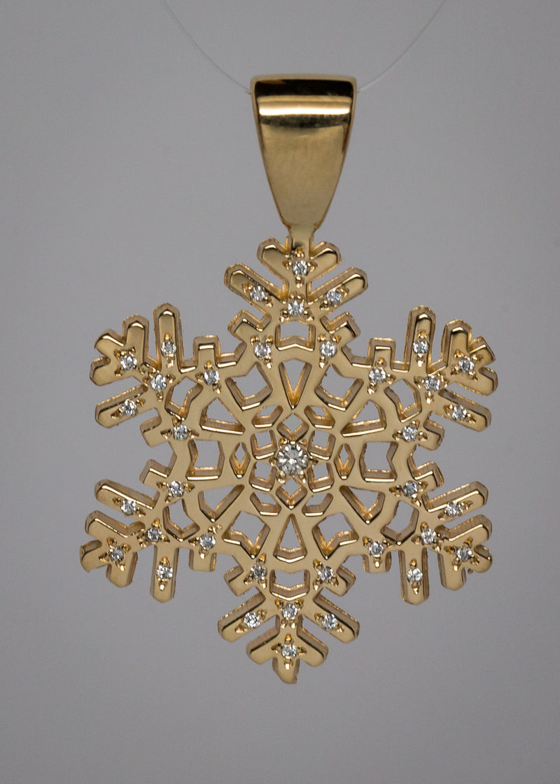 HC506D; 14K Yellow Gold Medium Snowflake Pendant w/Diamonds